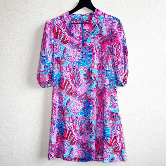 Lilly Pulitzer Arcella Dress Pink Blue Puff Sleeve Vneck Women’s Size 6 Medium - Picture 2 of 11